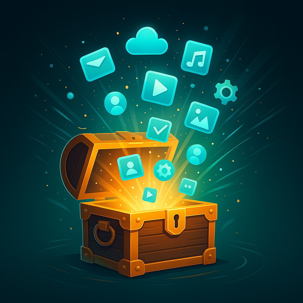 coffre au trésor abstrait d’où jaillissent des icônes numériques lumineuses, symbolisant une collection de ressources.