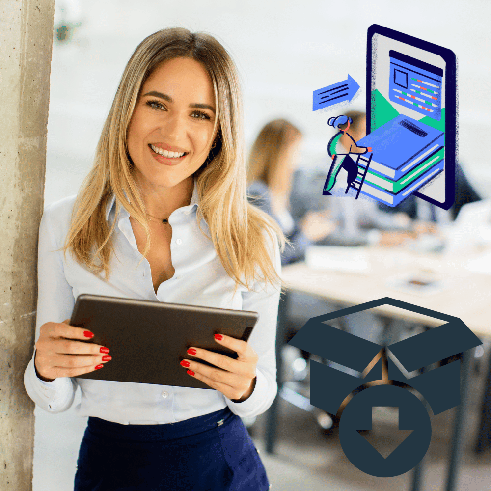 Bureau moderne avec ordinateur affichant des icônes de produits numériques, et une personne prenant des notes, représentant la création de contenus digitaux.