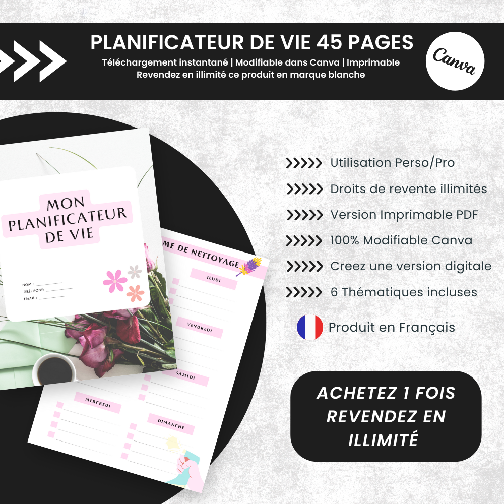 Planificateur de Vie PLR - 45 Pages Éditable via Canva (100 % modifiable)