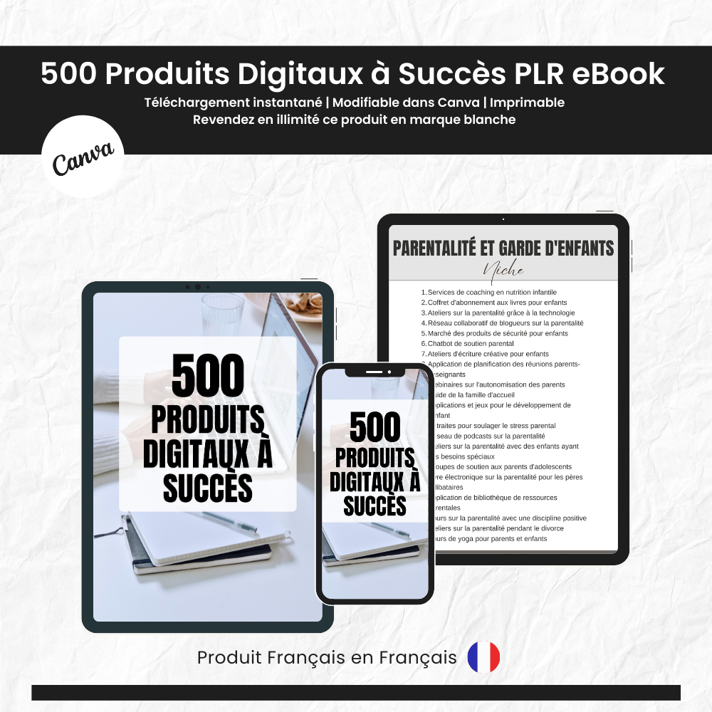 500 Produits Digitaux à Succès PLR - eBook Éditable Canva (À Revendre)