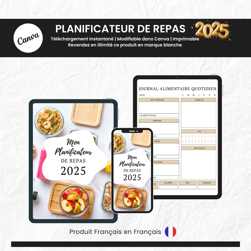  Planificateur de Repas 2025 PLR - 60 Pages Éditable via Canva (À Revendre)