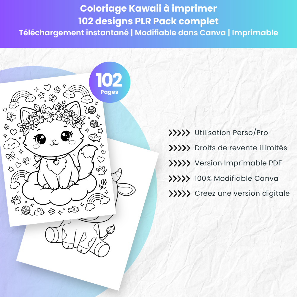 Coloriage Kawaii à imprimer — 102 designs PLR Pack complet