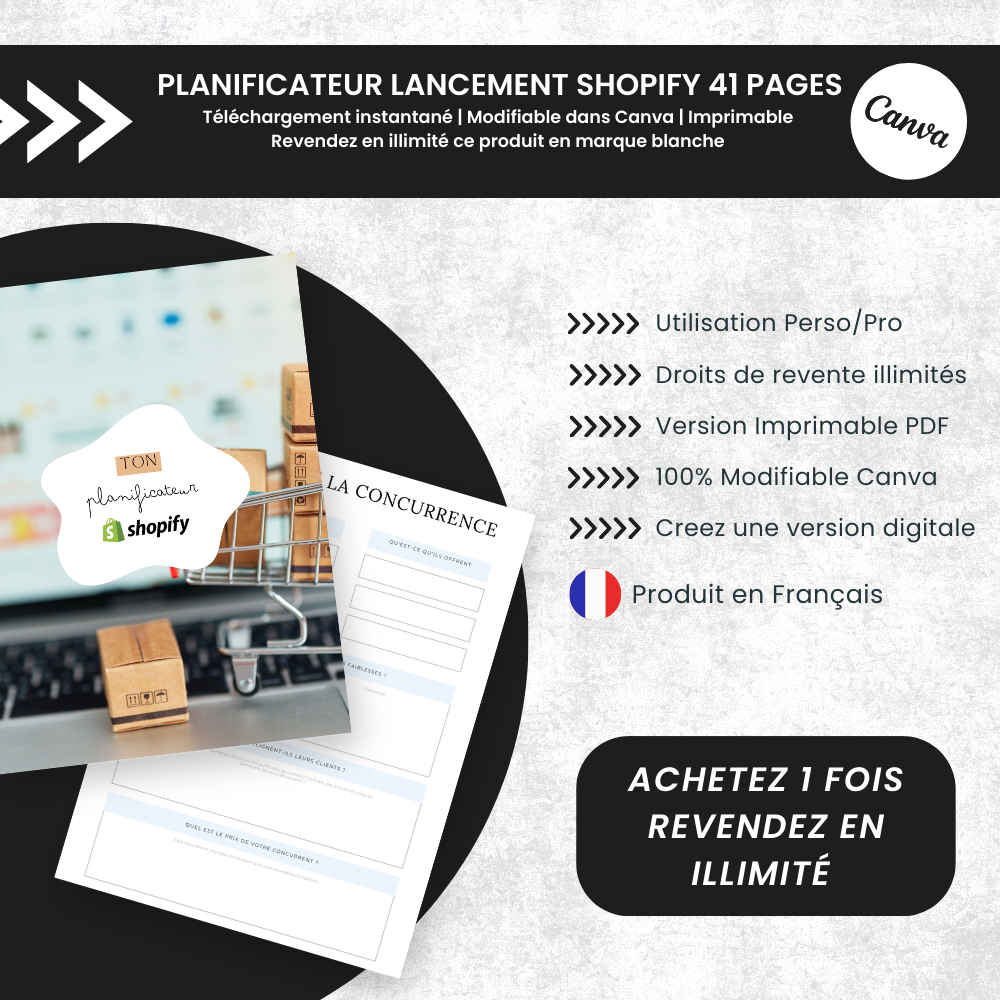 Planificateur de Lancement Shopify PLR - 41 Pages Éditable via Canva