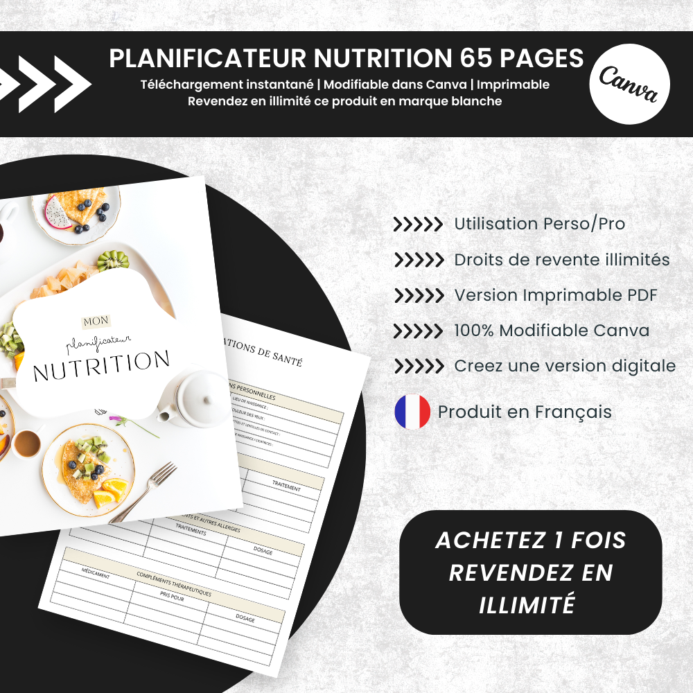 Planificateur Nutrition PLR - 65 Pages Éditable via Canva (100 % modifiable)