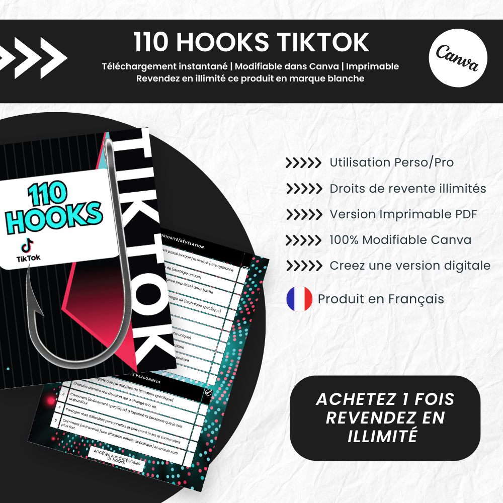 110 Hooks TikTok PLR - eBook Éditable Canva (À Revendre)