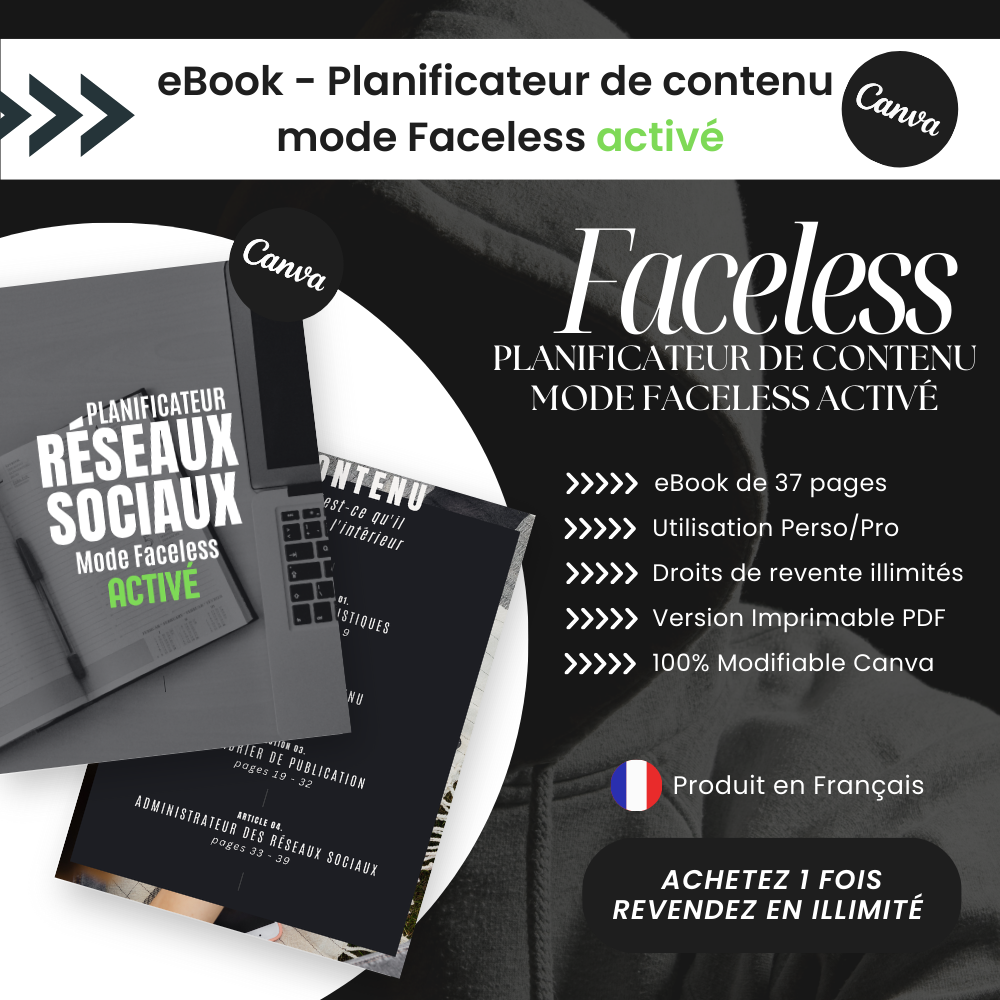 Planificateur réseaux sociaux mode Faceless activé PLR - Canva (À Revendre)