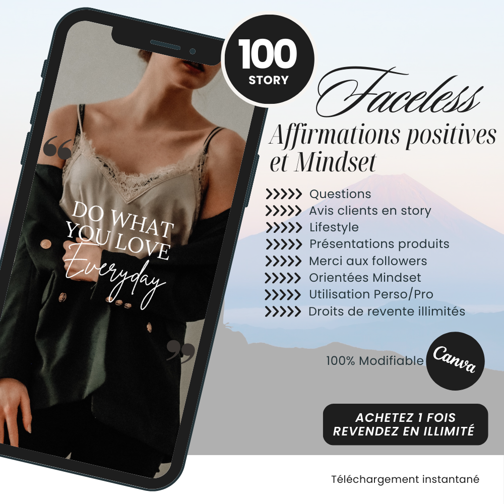 100 Stories Faceless Affirmations Positives et Mindset PLR - Éditable Canva (À Revendre)