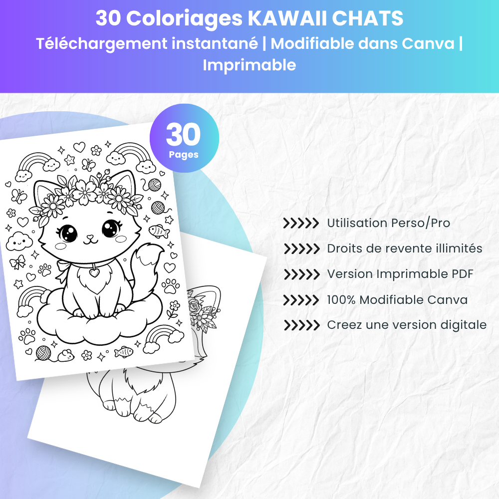 Coloriage Chat Kawaii — 30 designs PLR à imprimer