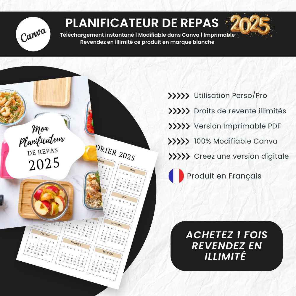  Planificateur de Repas 2025 PLR - 60 Pages Éditable via Canva (À Revendre)