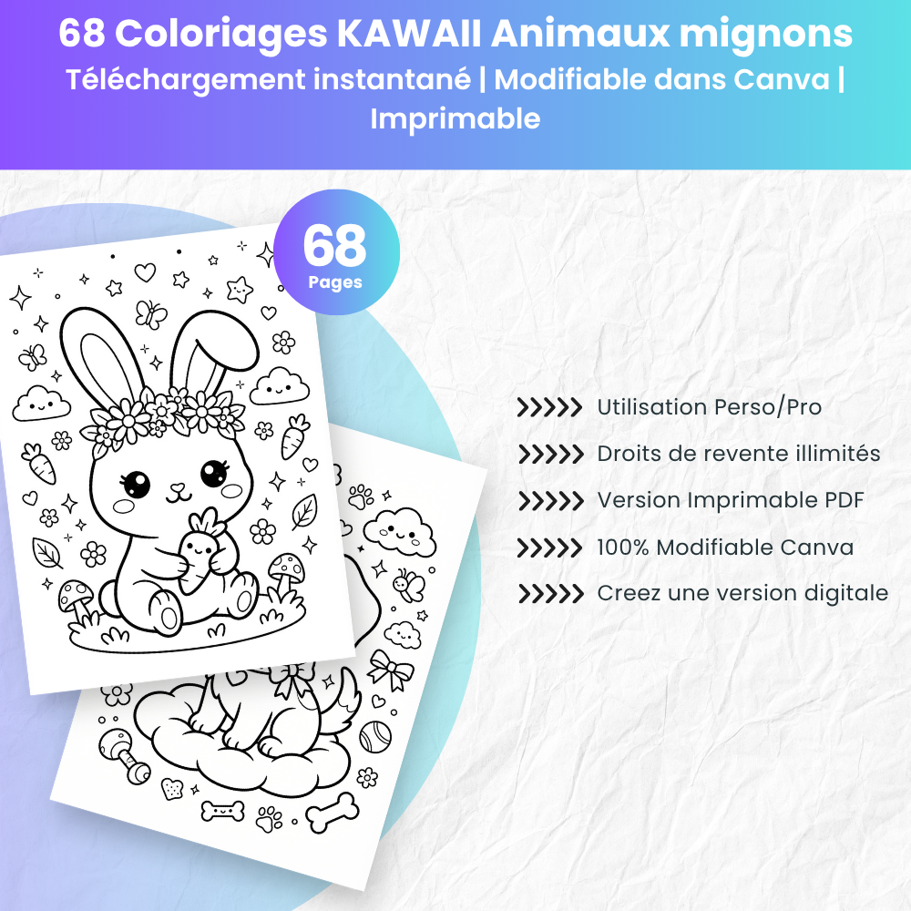 Coloriage Kawaii Animaux — 68 designs PLR à imprimer
