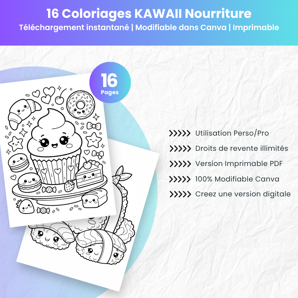 Coloriage Kawaii Nourriture — 16 designs PLR à imprimer