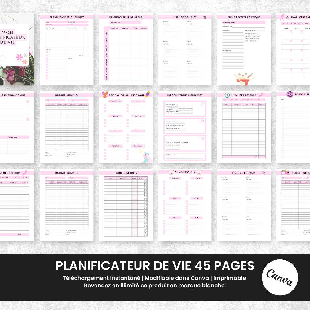 Planificateur de Vie PLR - 45 Pages Éditable via Canva (100 % modifiable)