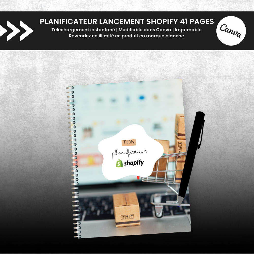 Planificateur de Lancement Shopify PLR - 41 Pages Éditable via Canva