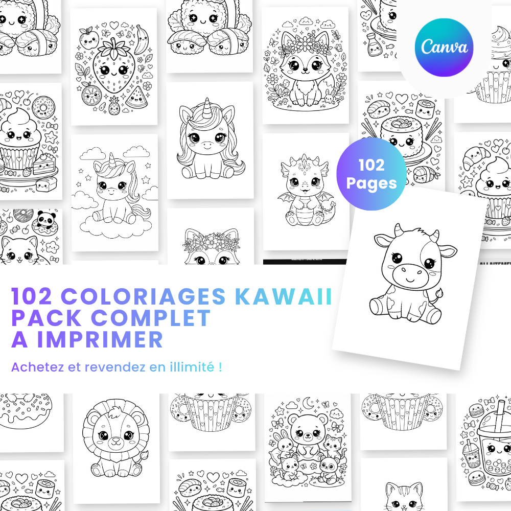 Coloriage Kawaii à imprimer — 102 designs PLR Pack complet