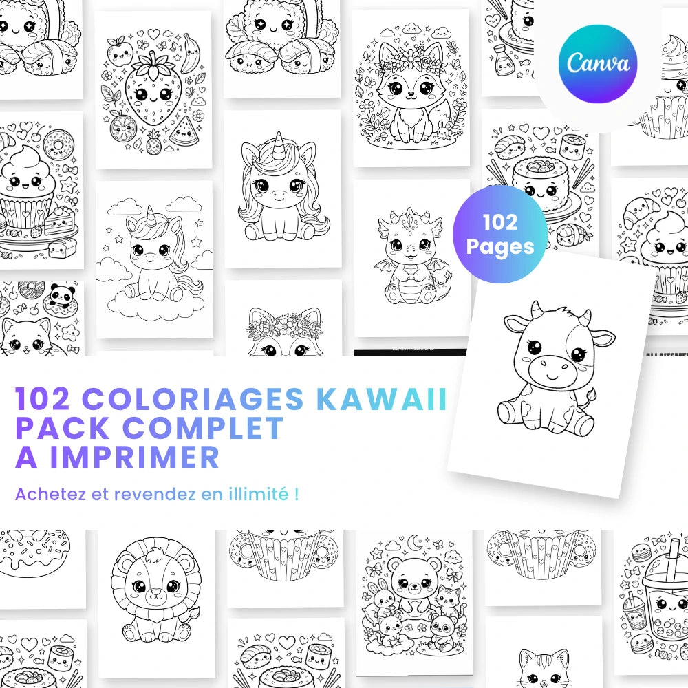 Coloriage Kawaii à imprimer : 102 designs Pack complet - Captivateur