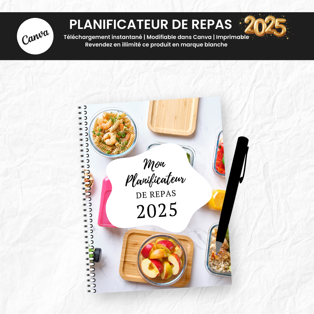  Planificateur de Repas 2025 PLR - 60 Pages Éditable via Canva (À Revendre)