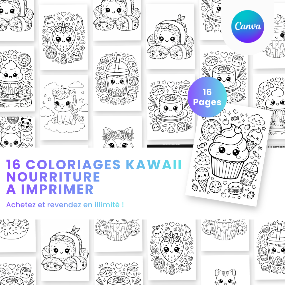 Coloriage Kawaii Nourriture — 16 designs PLR à imprimer