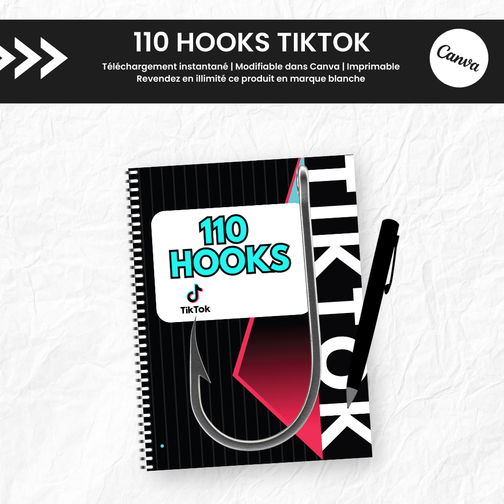 110 Hooks TikTok PLR - eBook Éditable Canva (À Revendre)