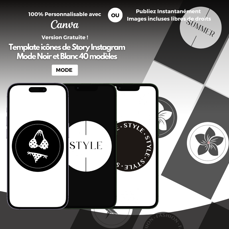 Templates PLR Icônes Instagram Mode Noir et Blanc (40 modèles à revendre)