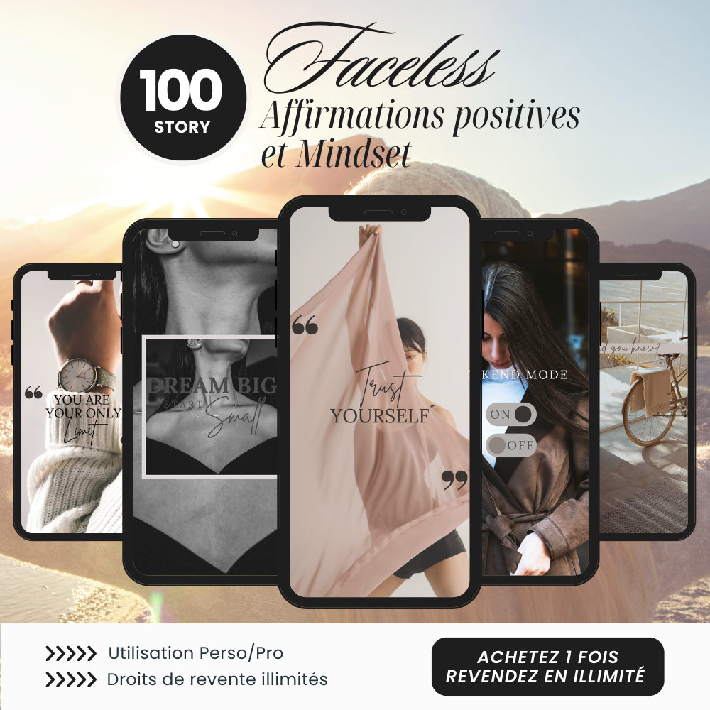 100 Stories Faceless Affirmations Positives et Mindset PLR - Éditable Canva (À Revendre)