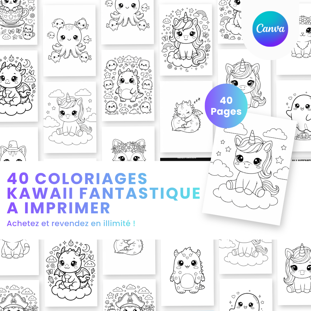 Coloriage Kawaii Licorne & Dragon — 40 designs PLR à imprimer