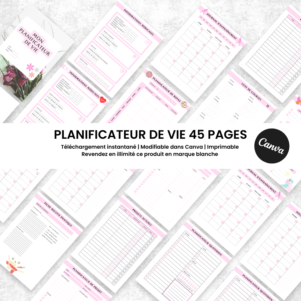 Planificateur de Vie PLR - 45 Pages Éditable via Canva (100 % modifiable)