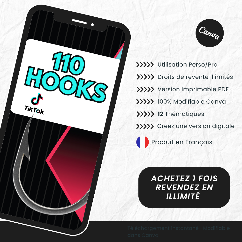 110 Hooks TikTok PLR - eBook Éditable Canva (À Revendre)