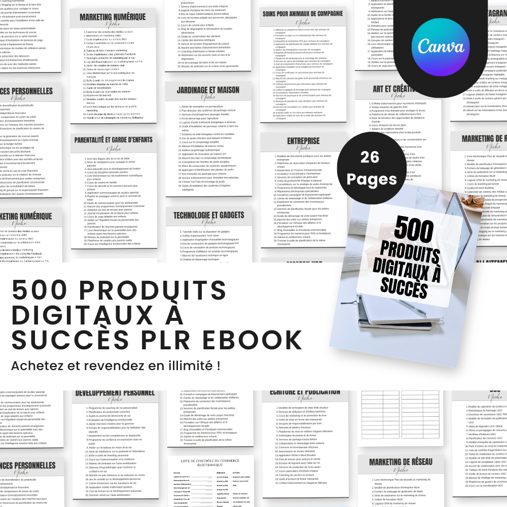 500 Produits Digitaux à Succès PLR - eBook Éditable Canva (À Revendre)