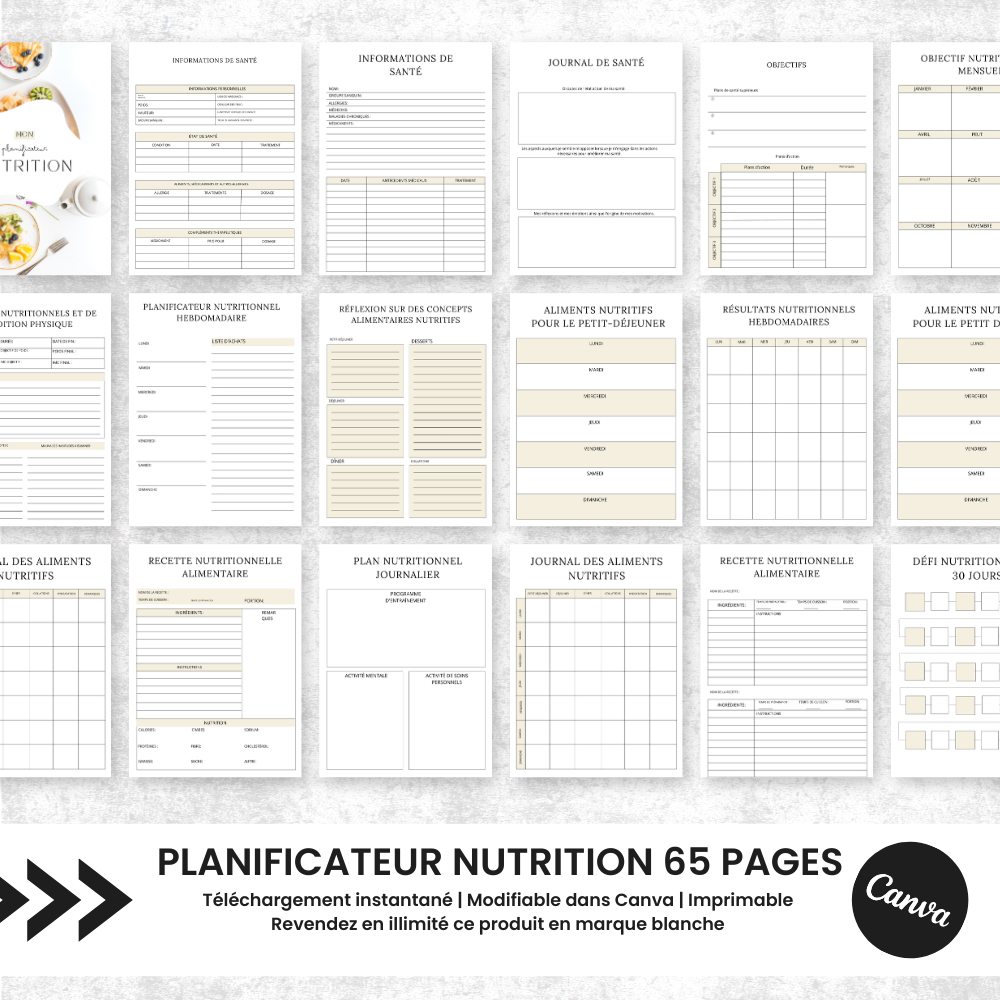 Planificateur Nutrition PLR - 65 Pages Éditable via Canva (100 % modifiable)