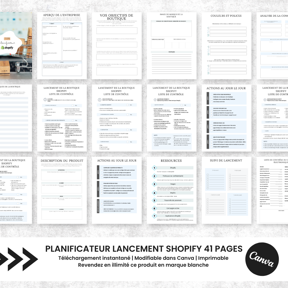 Planificateur de Lancement Shopify PLR - 41 Pages Éditable via Canva