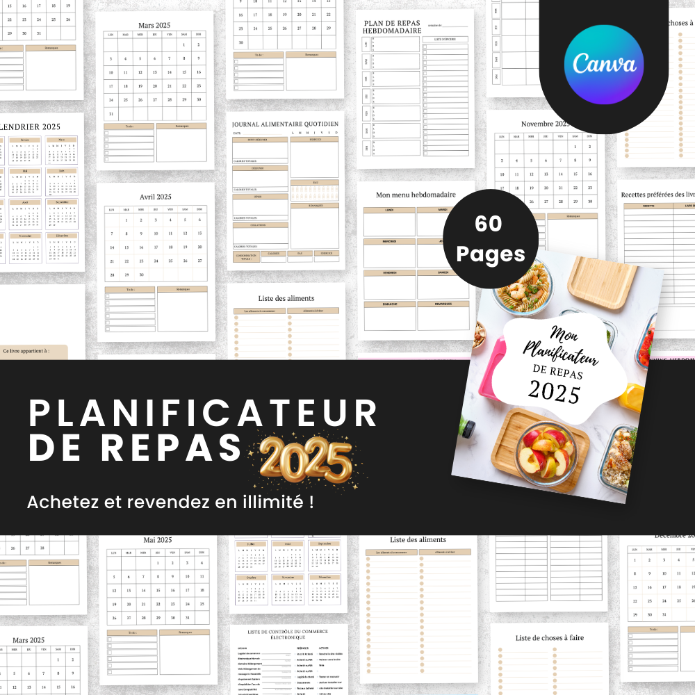  Planificateur de Repas 2025 PLR - 60 Pages Éditable via Canva (À Revendre)