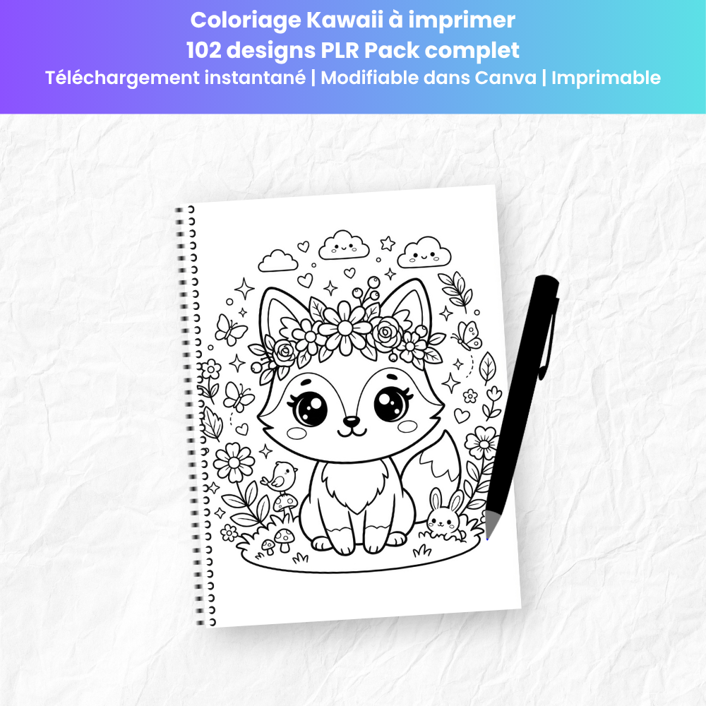 Coloriage Kawaii à imprimer — 102 designs PLR Pack complet