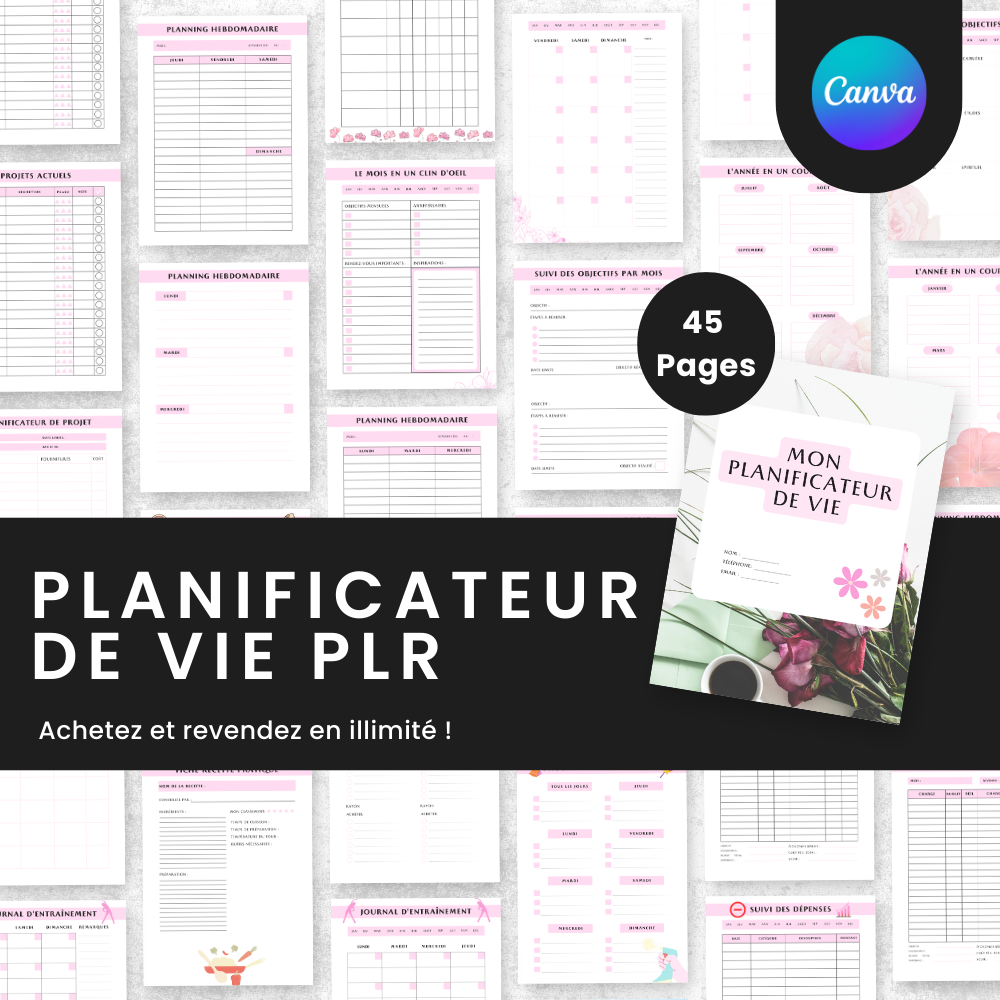 Planificateur de Vie PLR - 45 Pages Éditable via Canva (100 % modifiable)