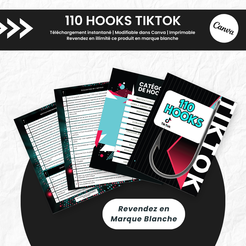 110 Hooks TikTok PLR - eBook Éditable Canva (À Revendre)