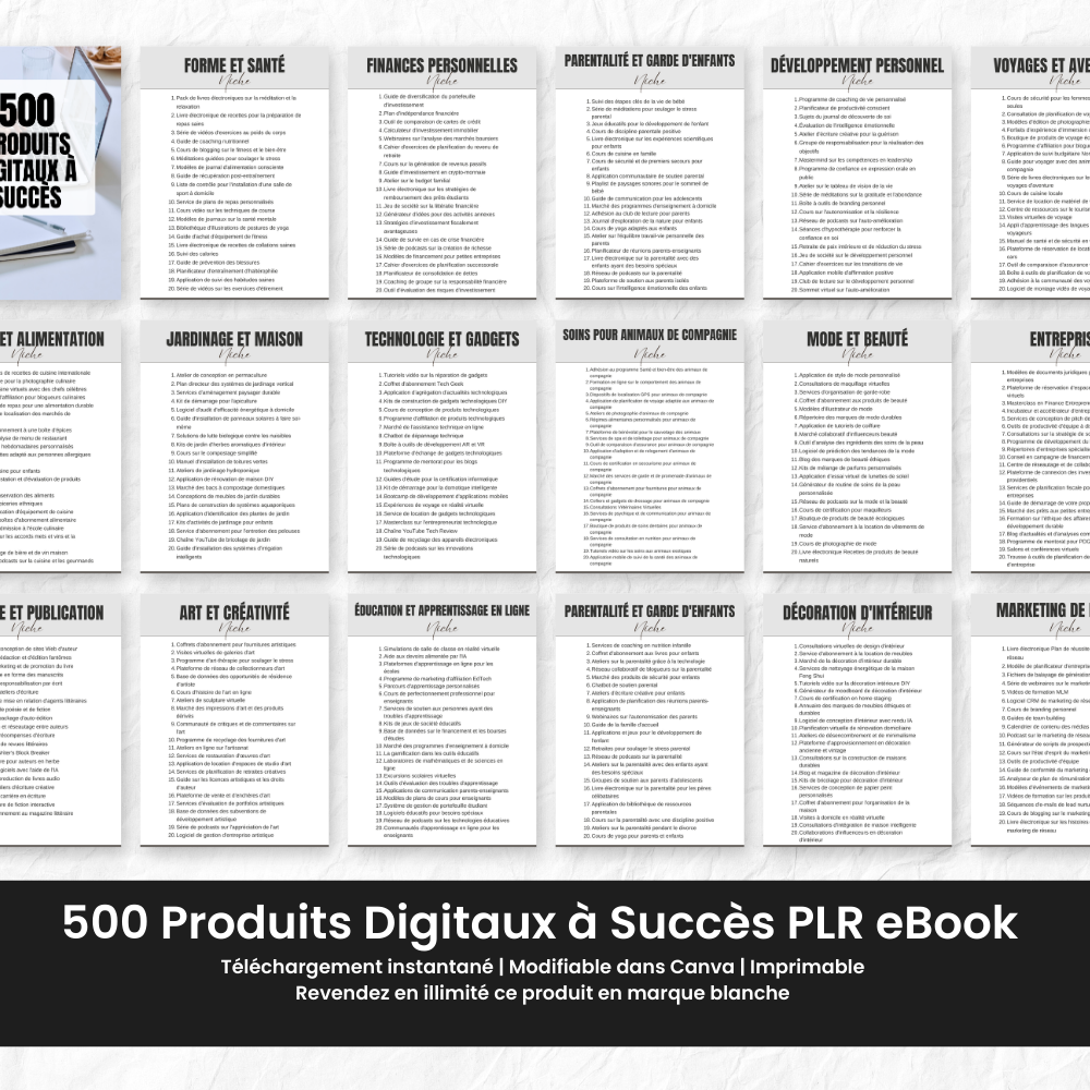 500 Produits Digitaux à Succès PLR - eBook Éditable Canva (À Revendre)