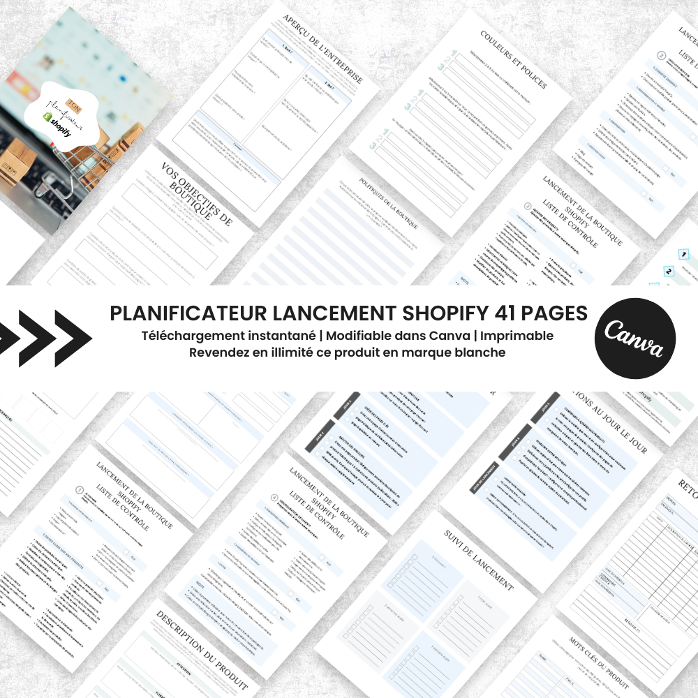 Planificateur de Lancement Shopify PLR - 41 Pages Éditable via Canva