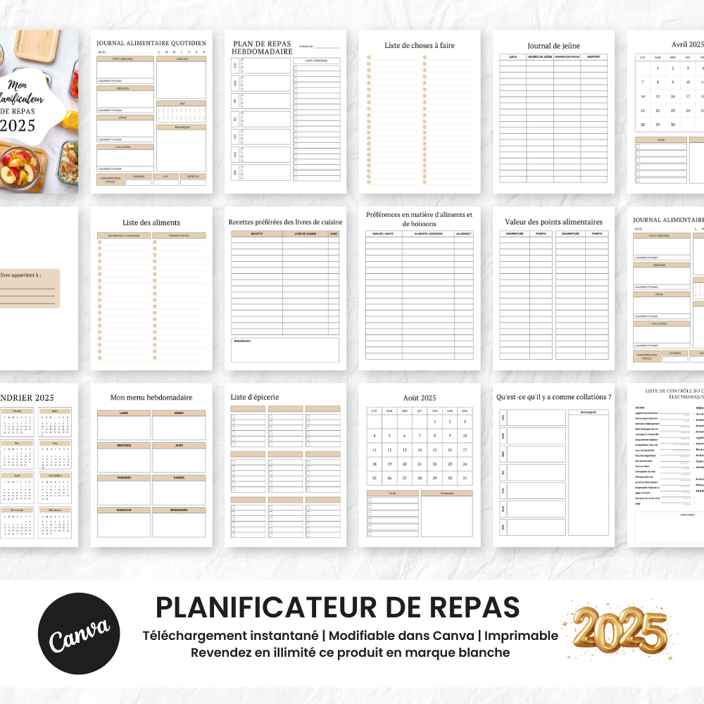  Planificateur de Repas 2025 PLR - 60 Pages Éditable via Canva (À Revendre)