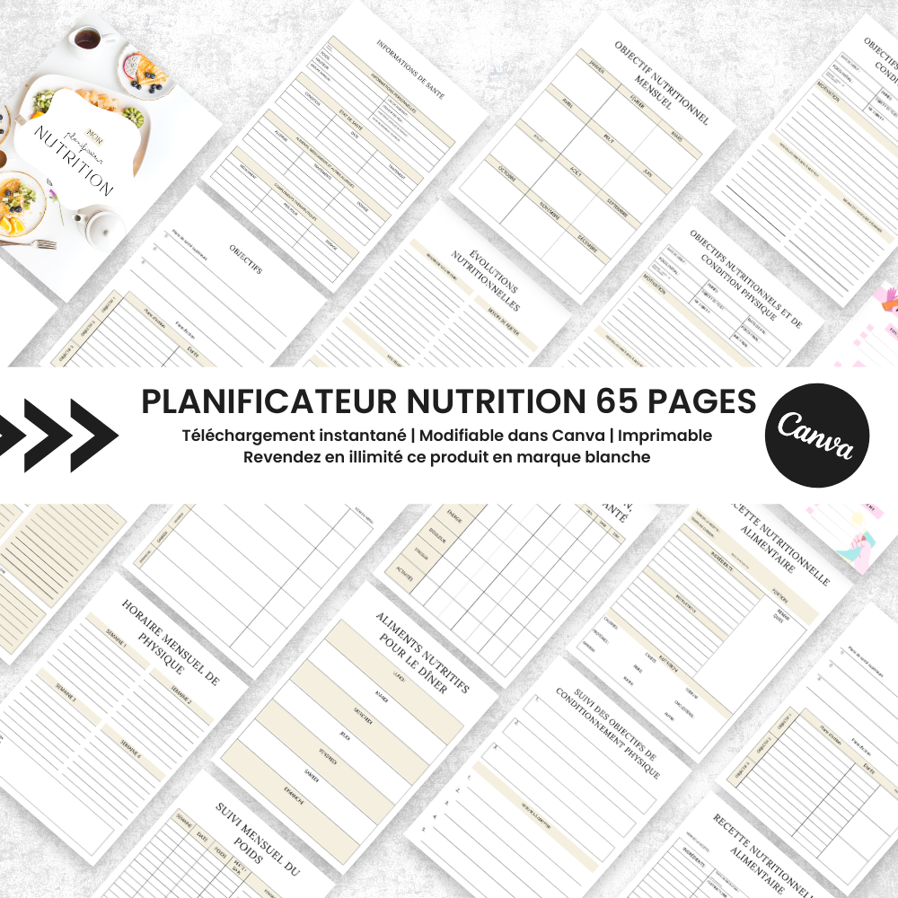 Planificateur Nutrition PLR - 65 Pages Éditable via Canva (100 % modifiable)