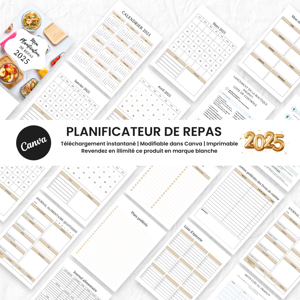  Planificateur de Repas 2025 PLR - 60 Pages Éditable via Canva (À Revendre)