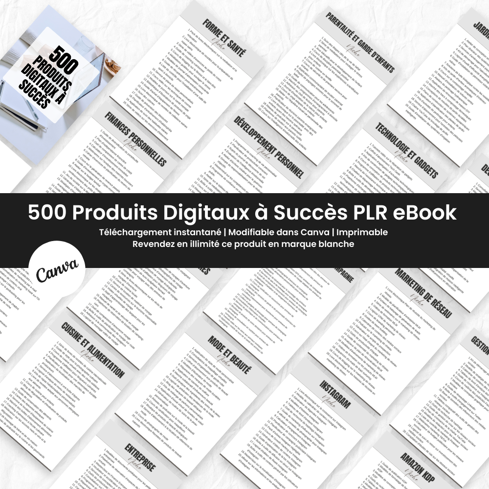 500 Produits Digitaux à Succès PLR - eBook Éditable Canva (À Revendre)