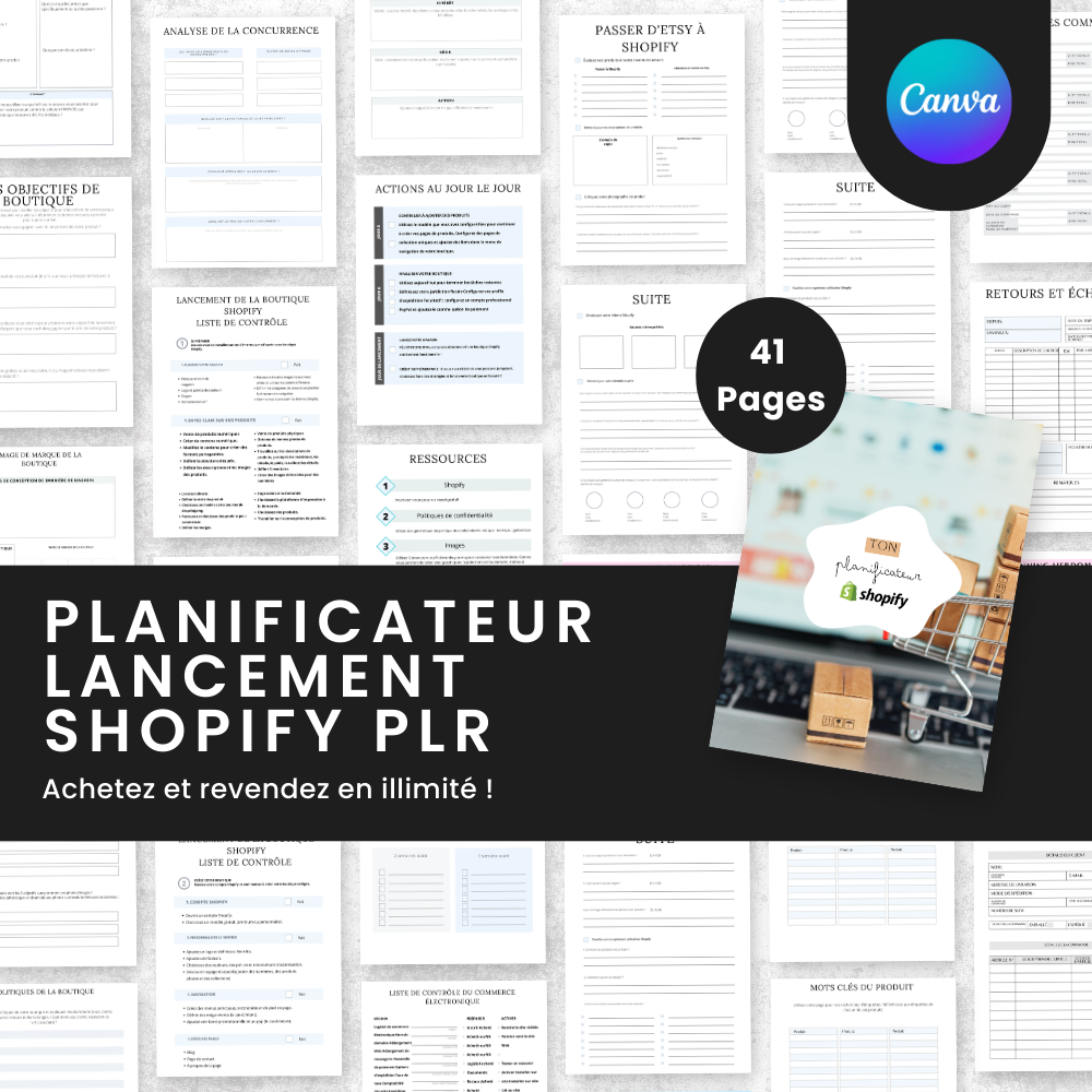 Planificateur de Lancement Shopify PLR - 41 Pages Éditable via Canva