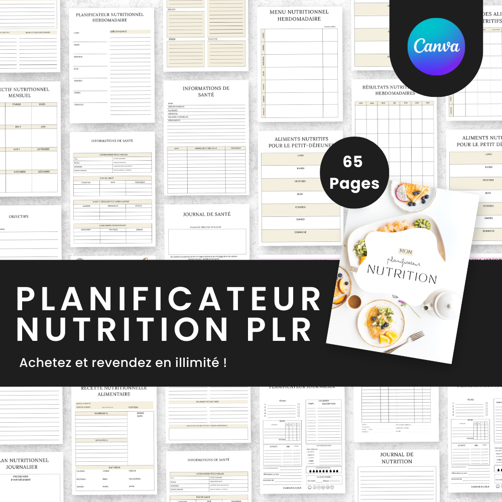 Planificateur Nutrition PLR - 65 Pages Éditable via Canva (100 % modifiable)