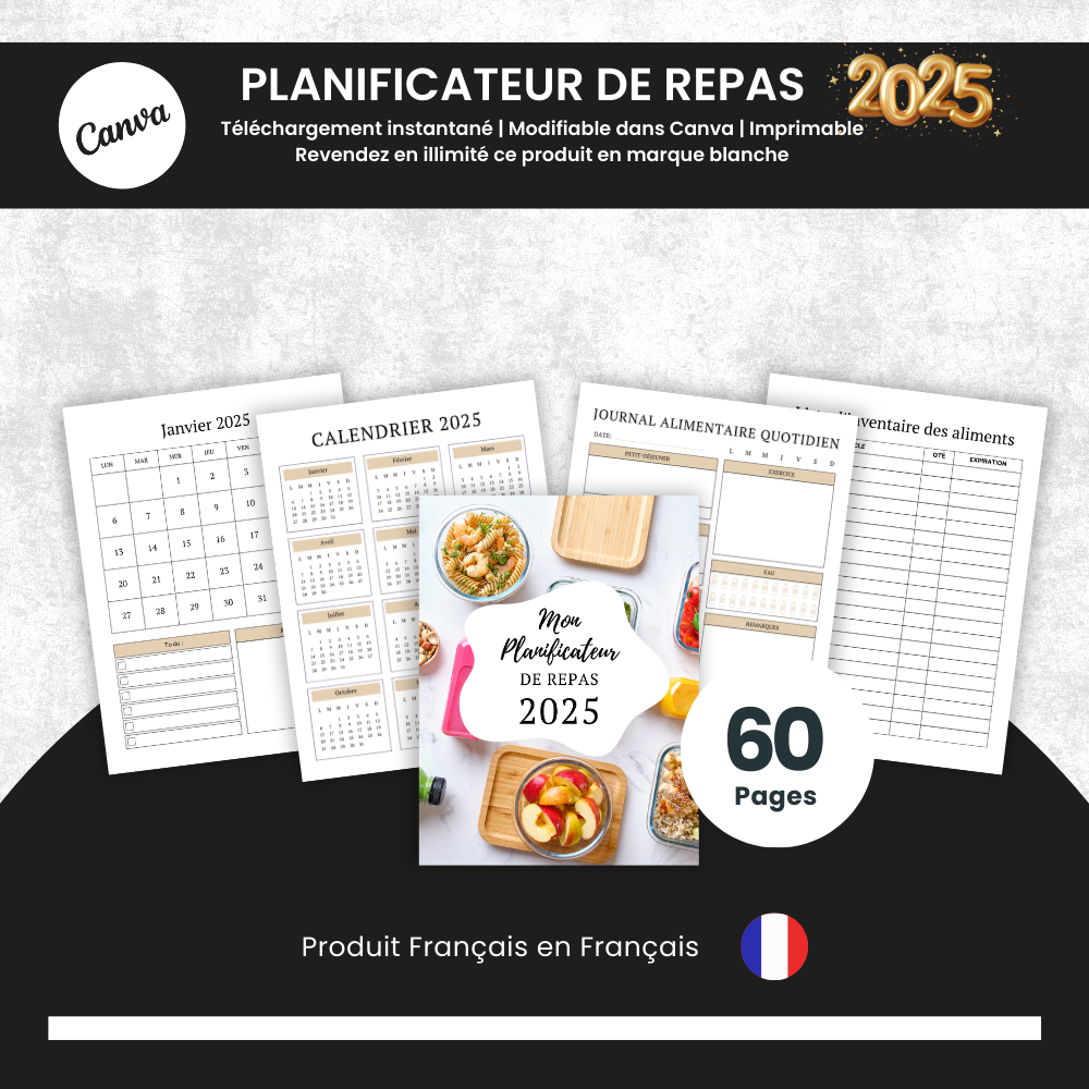  Planificateur de Repas 2025 PLR - 60 Pages Éditable via Canva (À Revendre)