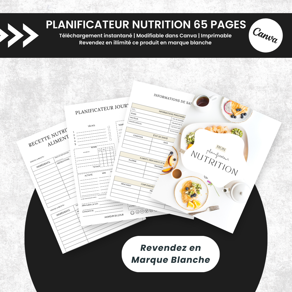 Planificateur Nutrition PLR - 65 Pages Éditable via Canva (100 % modifiable)