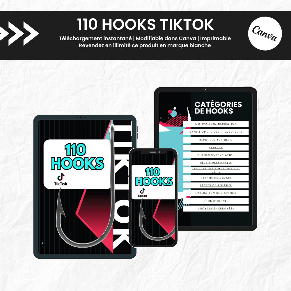 110 Hooks TikTok PLR - eBook Éditable Canva (À Revendre)