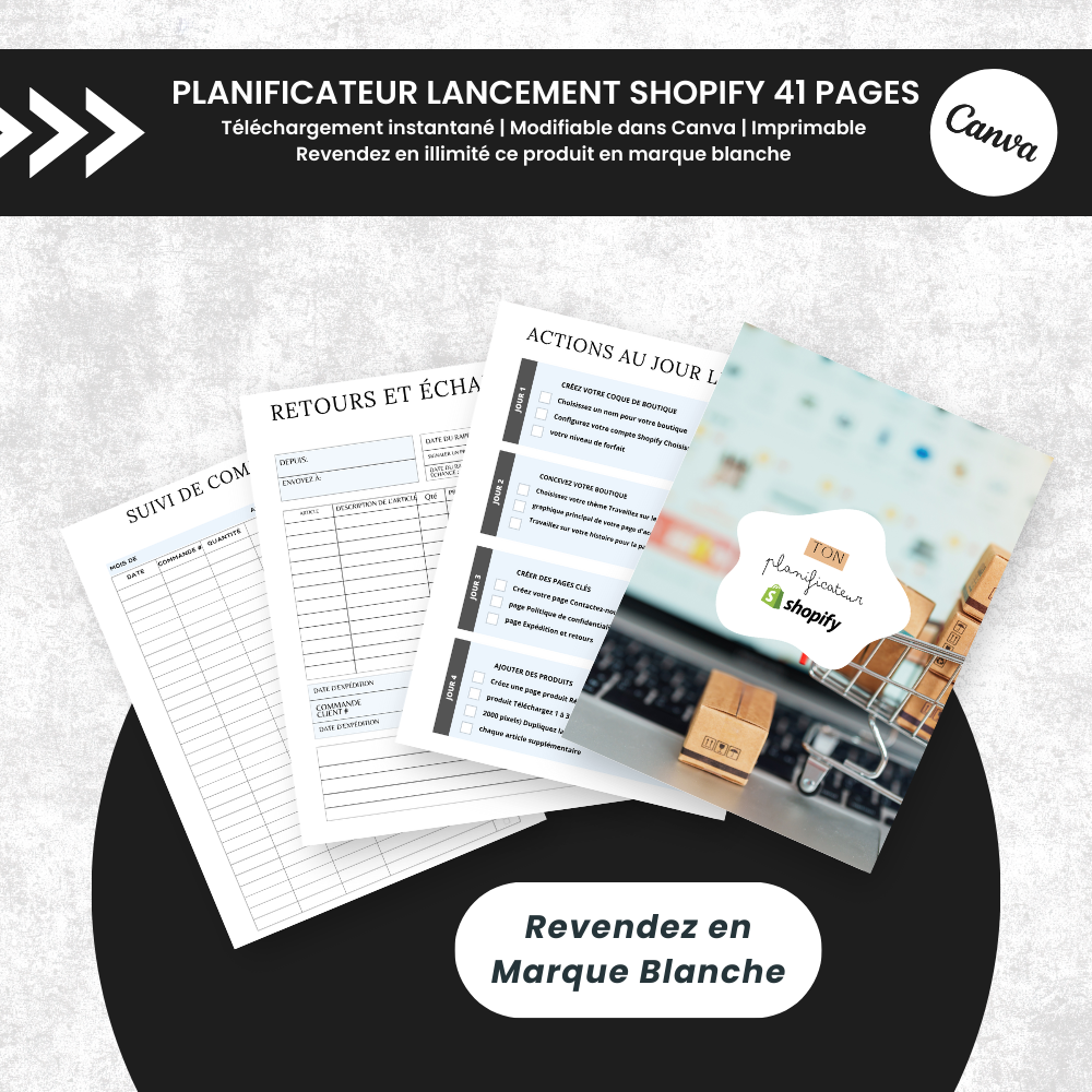 Planificateur de Lancement Shopify PLR - 41 Pages Éditable via Canva