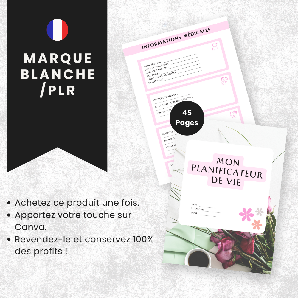 Planificateur de Vie PLR - 45 Pages Éditable via Canva (100 % modifiable)