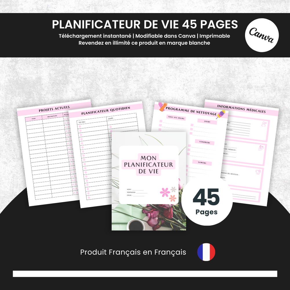 Planificateur de Vie PLR - 45 Pages Éditable via Canva (100 % modifiable)