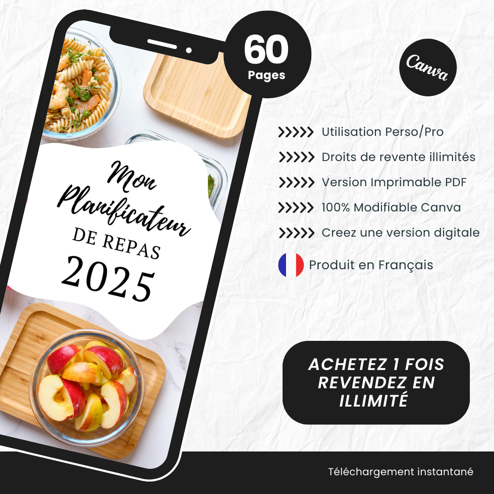  Planificateur de Repas 2025 PLR - 60 Pages Éditable via Canva (À Revendre)