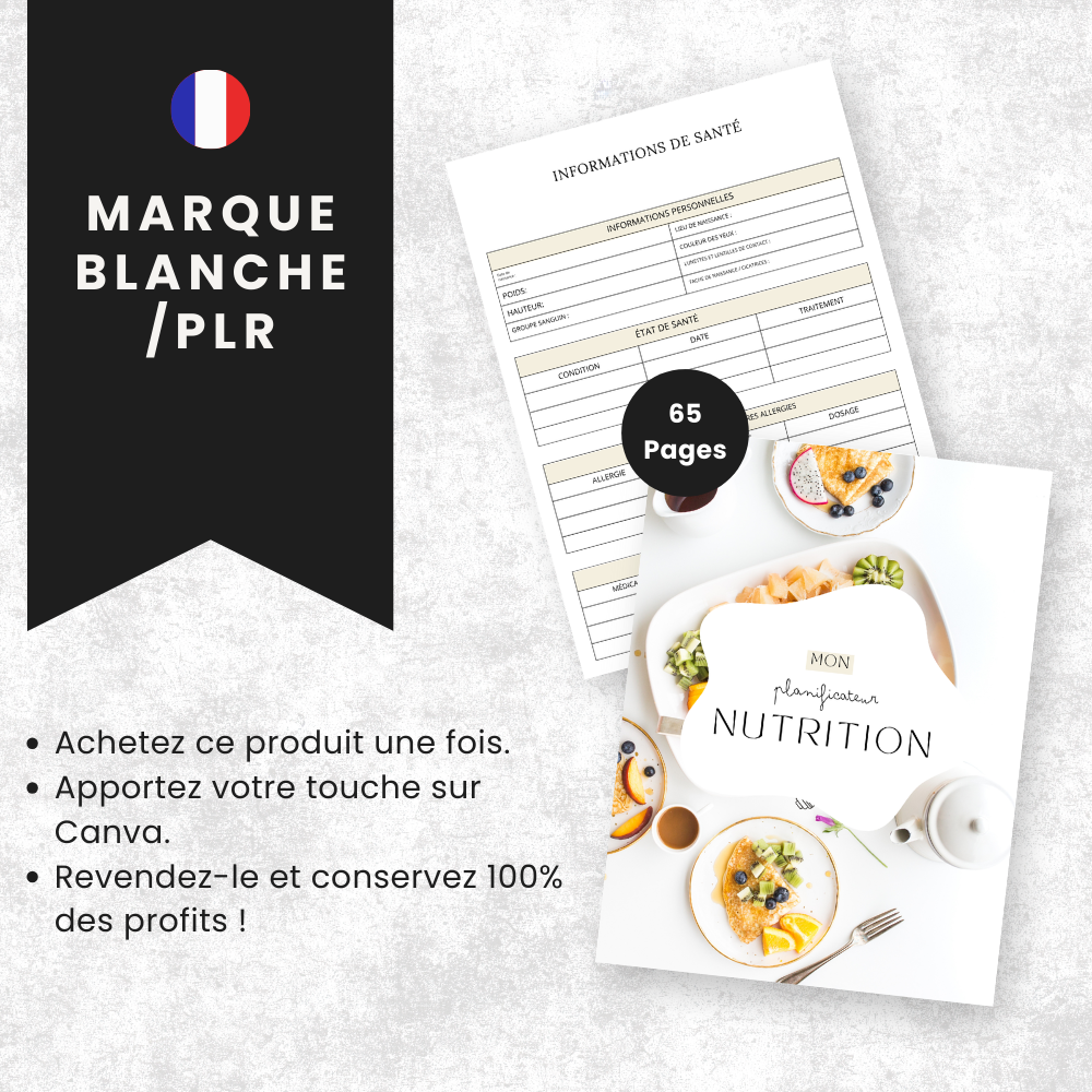 Planificateur Nutrition PLR - 65 Pages Éditable via Canva (100 % modifiable)